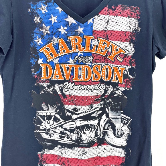 Harley Davidson Motorcycle American Flag Bling V-Neck T-shirt LG Laconia NH - Picture 2 of 4